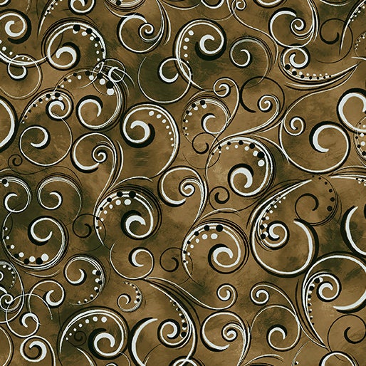 25% Off - Olive/Brown Pearl Splendor from Canvas Studios for Benartex - 1/2 Yard - Filigree with Metallic Accents on Blended Olive Brown