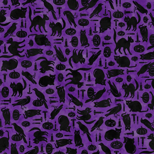 Spooky Hallow from Maywood Studios - 1/2 Yard Cats and Crows on Purple - Halloween