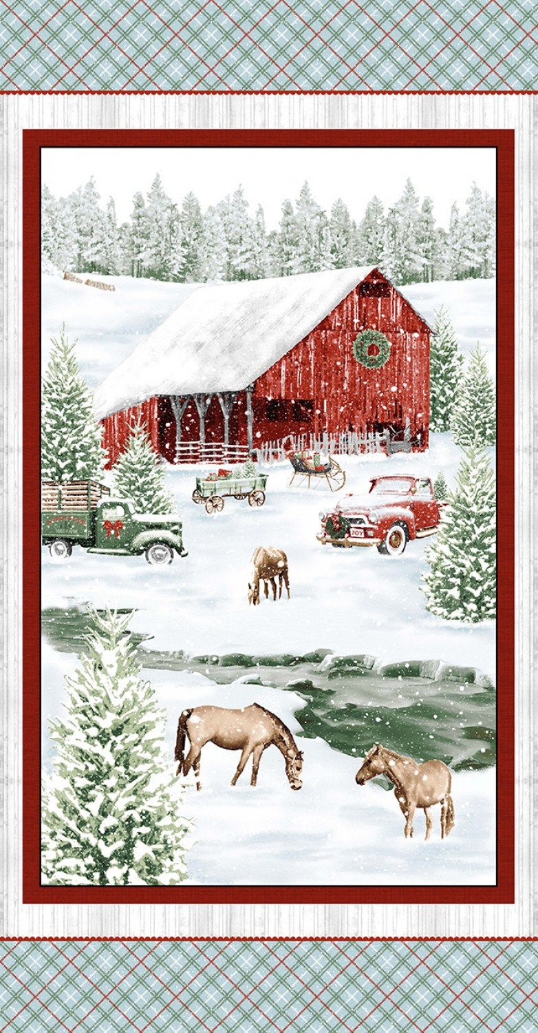 Holiday Spirit from Henry Glass Fabrics - 24" x 44" Farm Scenic Panel - Christmas, Horses, Barn, Snow