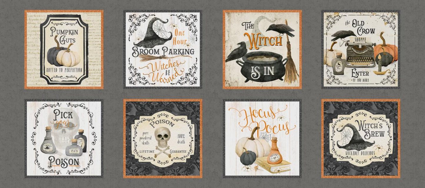 Hocus Pocus from P&B Textiles - 18" Halloween Panel - Pumpkins, Ravens, Apothecary, Poison, Halloween Labels