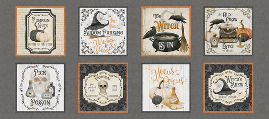 Hocus Pocus from P&B Textiles - 18" Halloween Panel - Pumpkins, Ravens, Apothecary, Poison, Halloween Labels