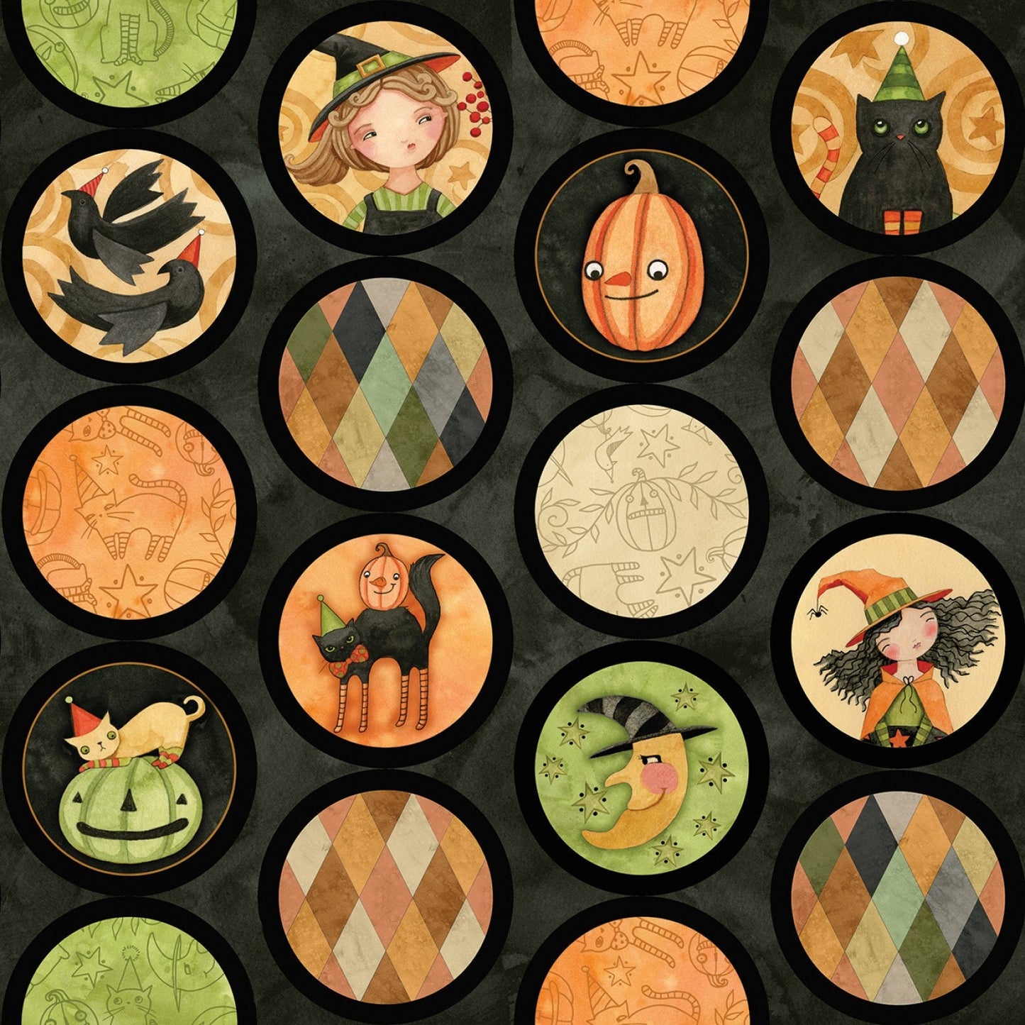 Halloween Whimsy from Riley Blake Fabrics - NO Continuous - 1/2 Yard Cameos on Black - Jack-o-Lanterns, Witches, Crows, Cats, Moons