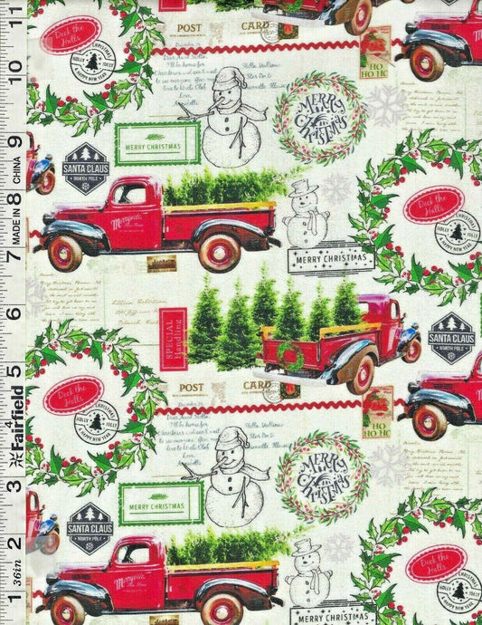 Deck the Halls from Springs Creative - 1/2 Yard Red Trucks, Snowmen, Christmas Signs on Cream