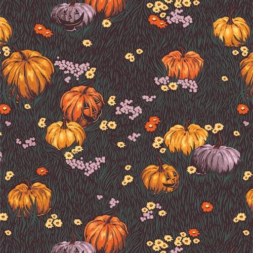 Ghostly and Haunted from Art Gallery Fabrics - 1/2 Yard Moonlight Pumpkins - Pumpkins and Jack-O-Lanterns in Flower Field - Halloween