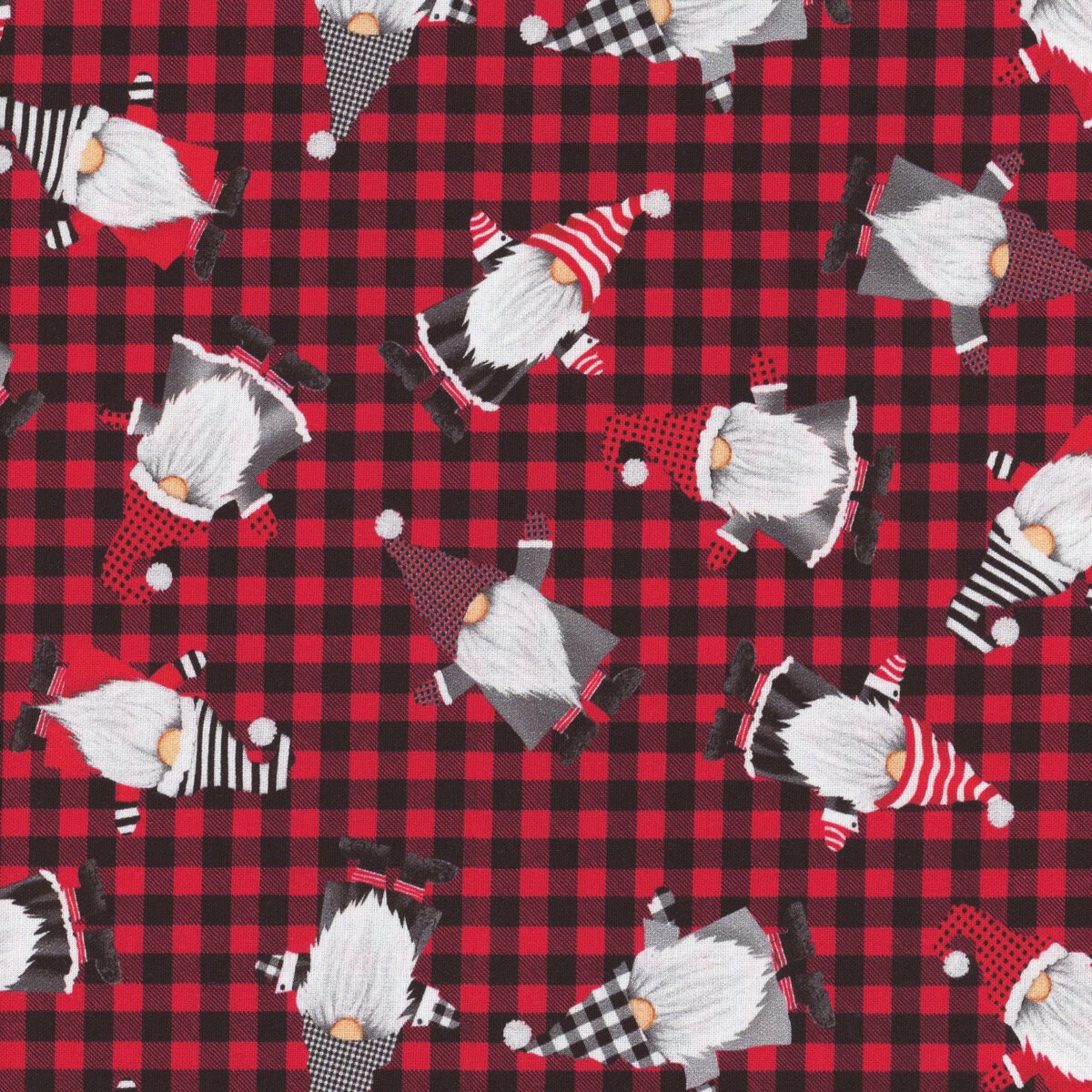 Gnome for the Holidays from Timeless Treasures - 1/2 Yard Tossed Gnomes on Black and Red Check