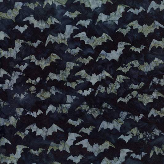 Spellbound Batik from Timeless Treasures - 1/2 Yard Gray Bats on Black - Halloween Batik