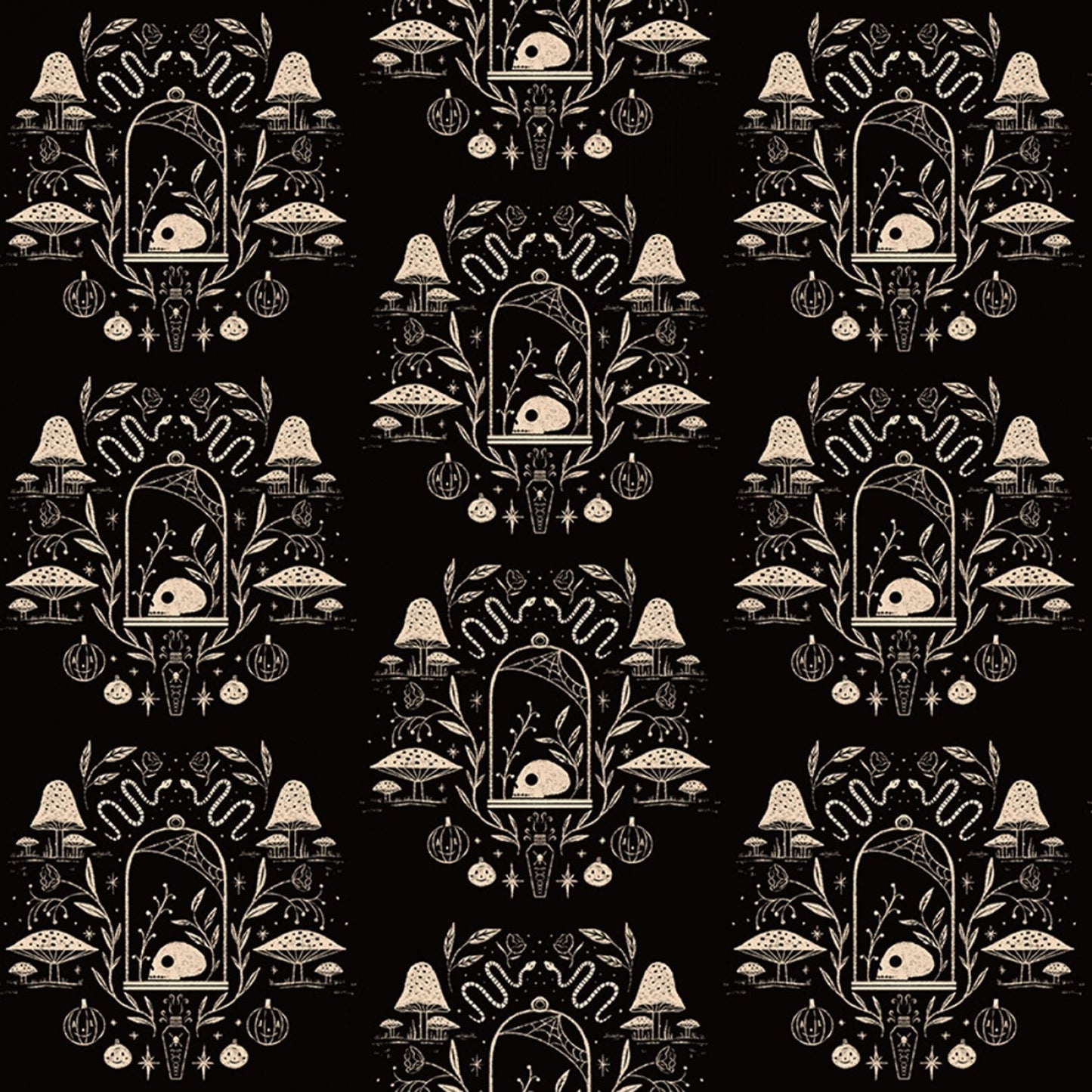 Boo from Dear Stella - 1/2 Yard Black Spooky Toile - Halloween Mushrooms, Skulls, Snakes on Black
