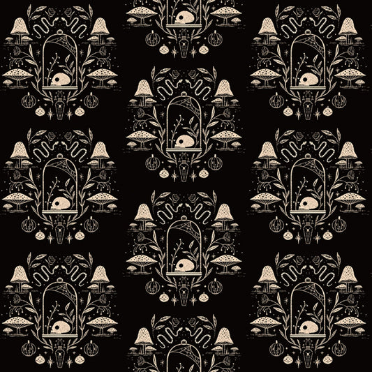 Boo from Dear Stella - 1/2 Yard Black Spooky Toile - Halloween Mushrooms, Skulls, Snakes on Black