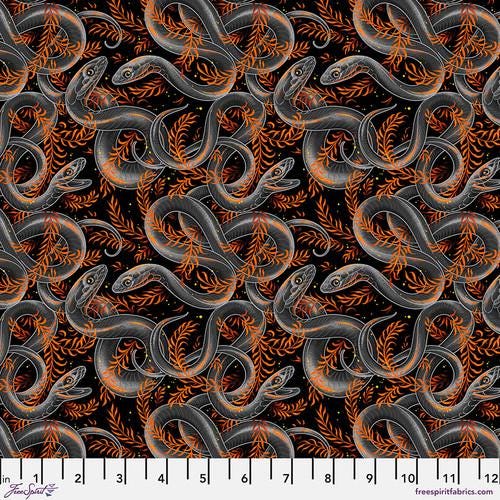 Costumes & Cobwebs from Free Spirit Fabrics - 1/2 Yard Sneaky Snakes - Orange, Black Gray Snakes - Halloween