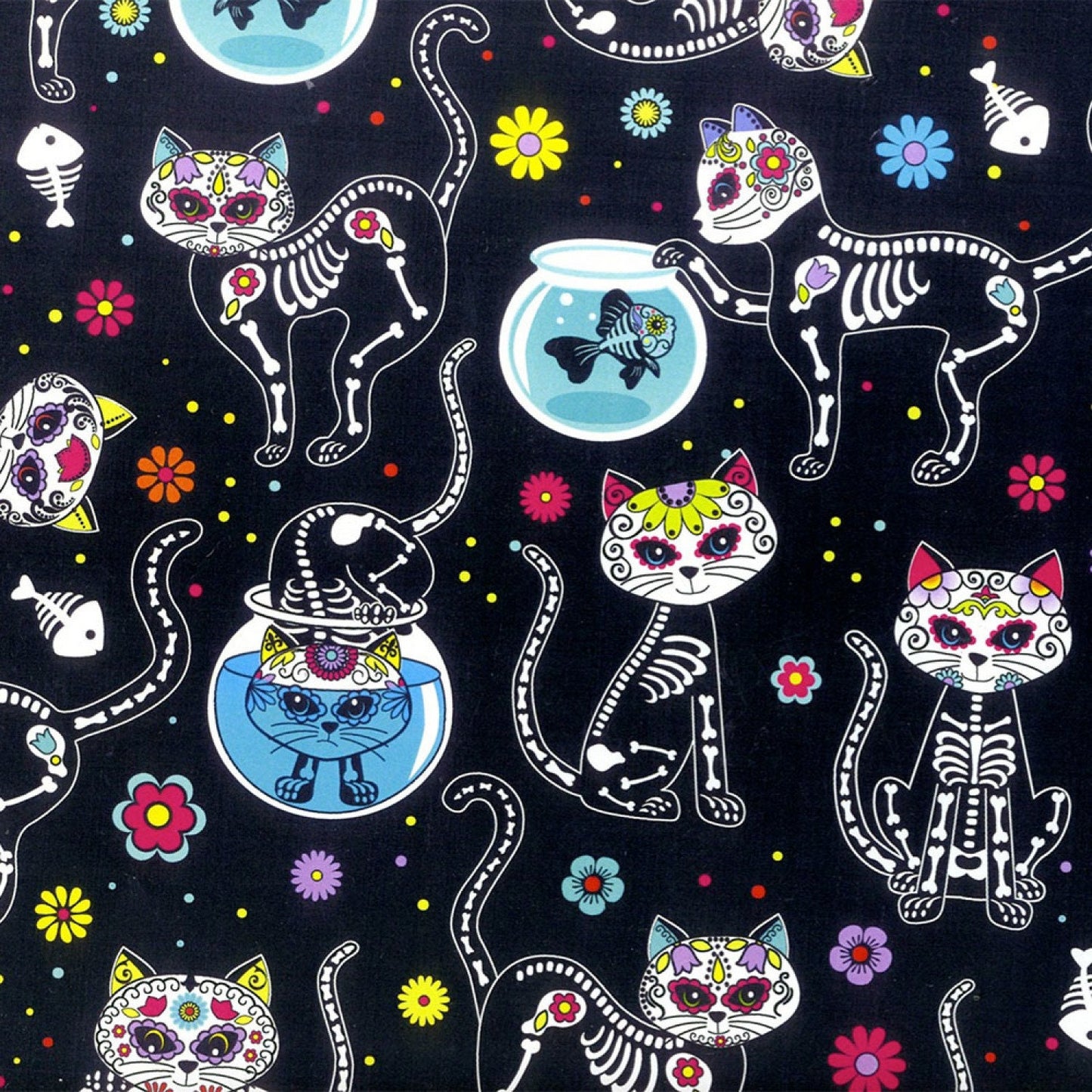 Cattitude from Timeless Treasures - 1/2 Yard Day of the Dead Kitties on Black
