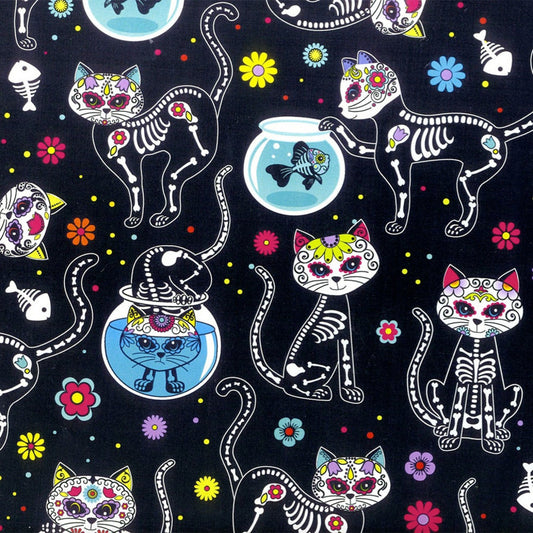 Cattitude from Timeless Treasures - 1/2 Yard Day of the Dead Kitties on Black