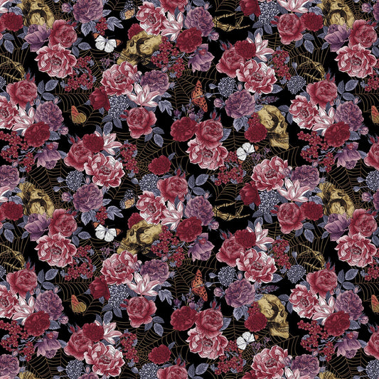 Bones Collection from Studio E - 1/2 Yard Black Large Floral - Flowers, Skulls and Webs