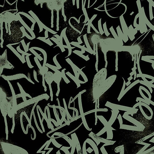 Verdigris from Andover Fabrics - 1/2 Yard Parkdale in Patina - Modern Graffiti Green on Black