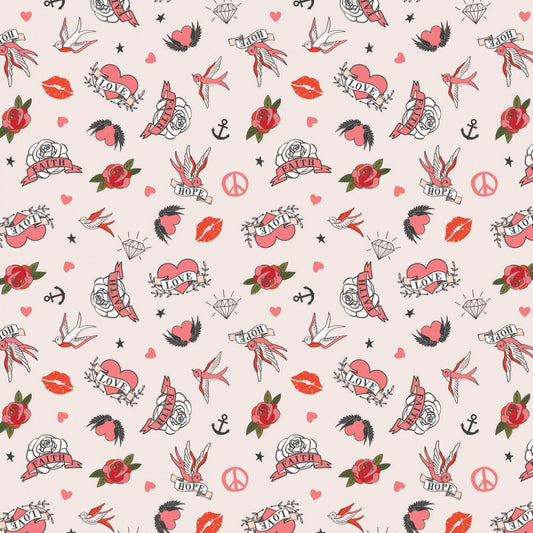 Tattoo Parlour from Camelot Fabrics - 1/2 Yard Small Traditional Tattoos on Peach - Hope, Love, Roses, Sparrow