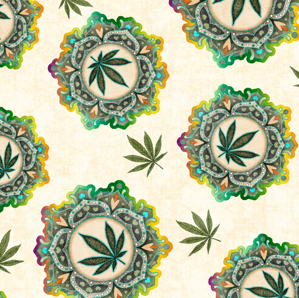 Happy Harvest from Quilting Treasures - 1/2 Yard Cannabis Medallions on Cream