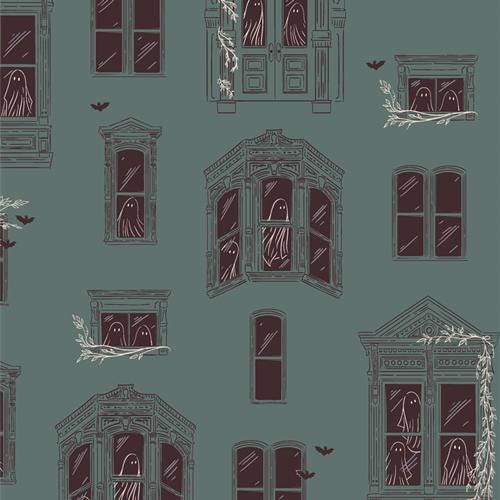Ghostly and Haunted from Art Gallery Fabrics - 1/2 Yard Haunted House with Ghosts in Windows - Halloween