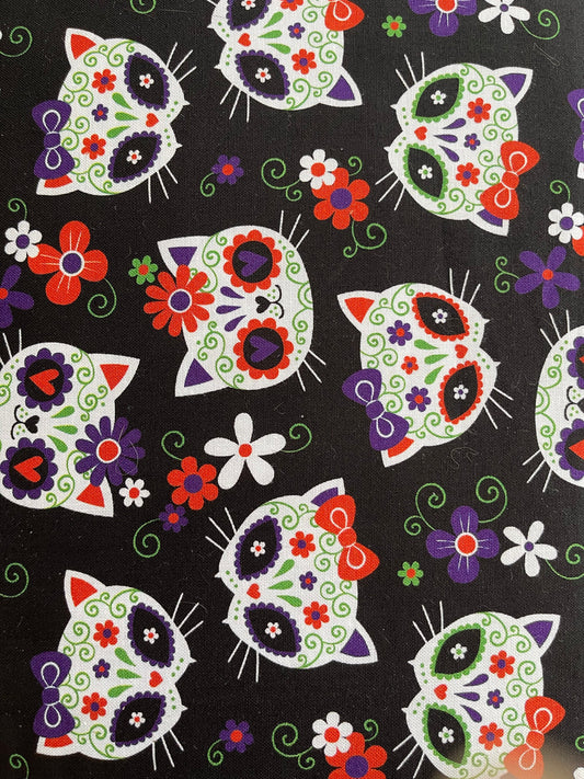 Sugar Skull Cats from Mook Fabrics - 1/2 Yard Day of the Dead Cats on Black