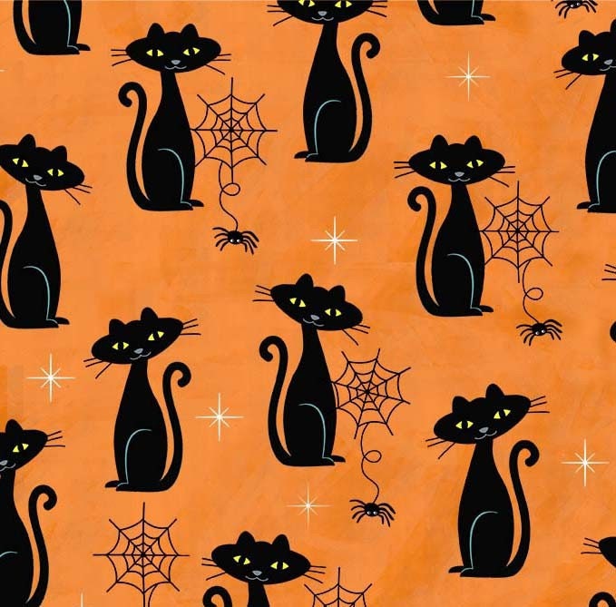 Cat Charms from Hocus Pocus by Michael Miller Fabrics - 1/2 Yard of Black Cats on Orange - 1/2 Yard Cuts ONLY**