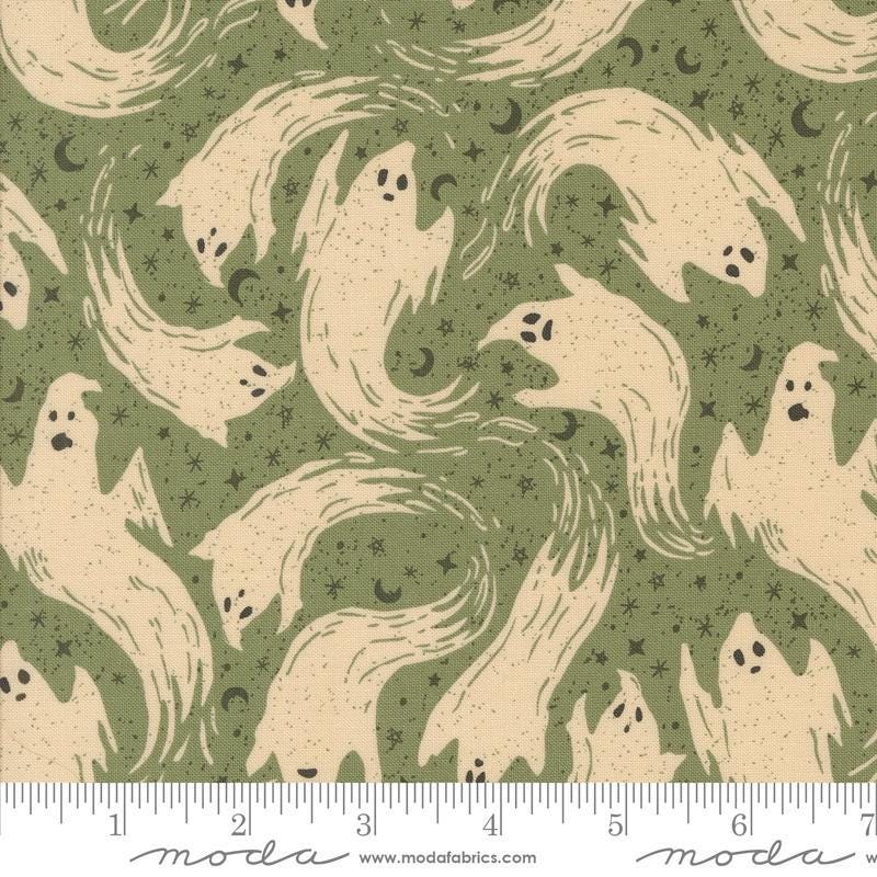 Home Sweet Haunt from Moda Fabrics - 1/2 Yard Ghostly Ghosts Moss - Halloween Ghost - 1 Yard Max Cut -- NO continuous yardage**