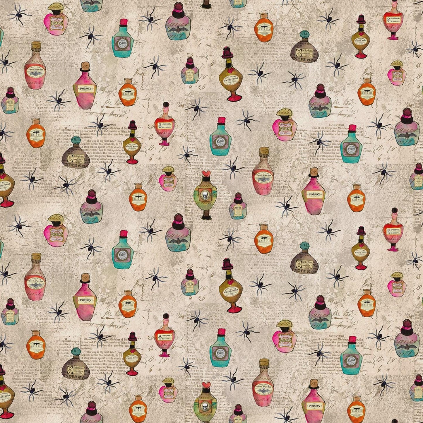 Faboolous from Clothworks - 1/2 Yard Potions and Spiders on Khaki - Tan Halloween Apothecary