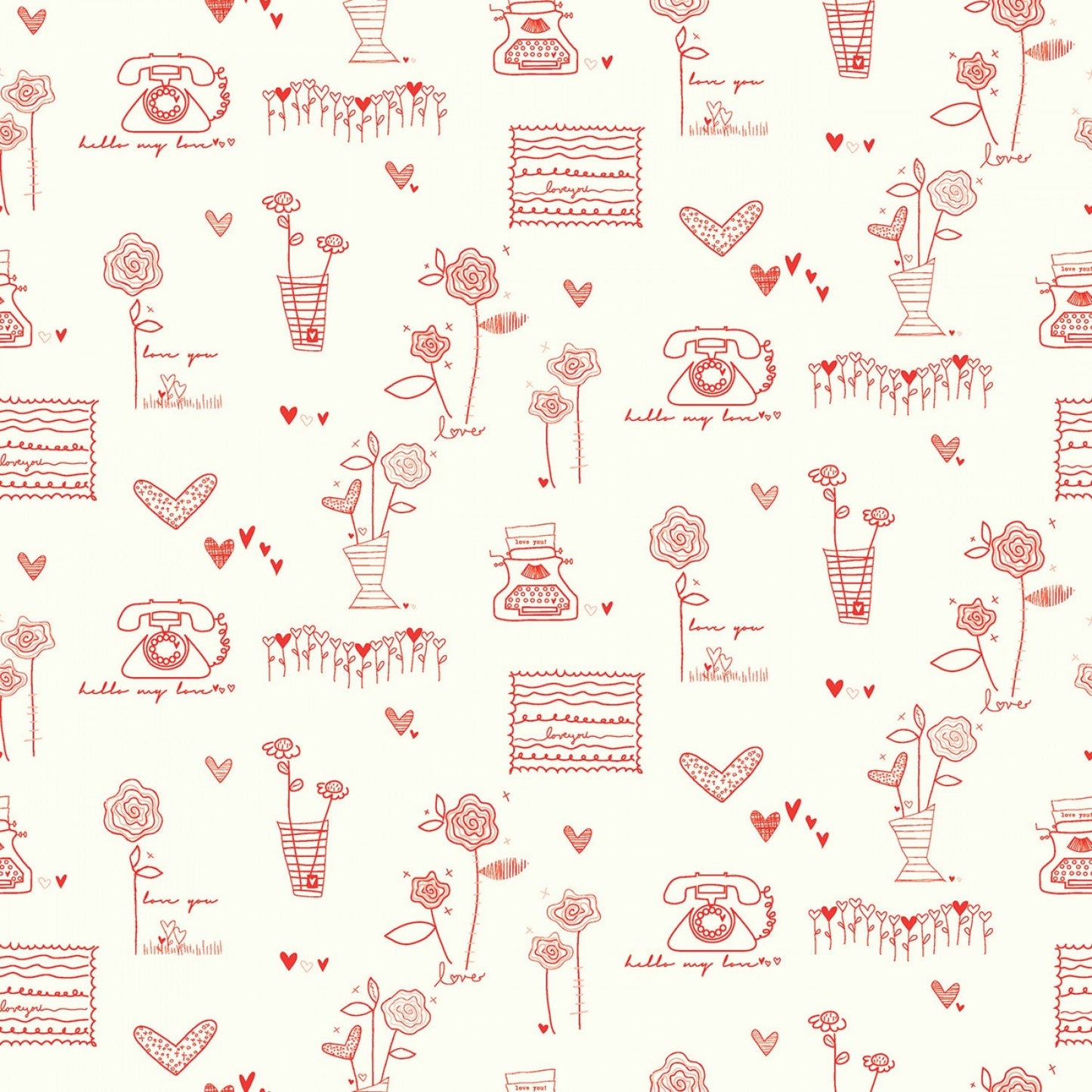 From the Heart for Riley Blake Designs - 1/2 Yard Main Cream - Red on Cream Flowers, Typewriters, Hearts - Valentine's
