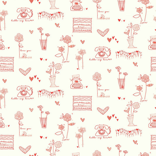 From the Heart for Riley Blake Designs - 1/2 Yard Main Cream - Red on Cream Flowers, Typewriters, Hearts - Valentine's