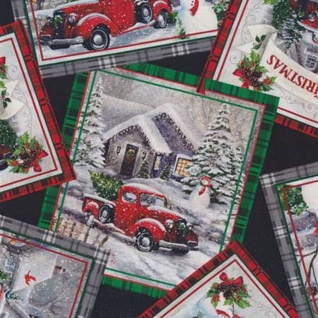 Winter Greetings from Quilting Treasures - 1/2 Yard Christmas Red Truck Postcards on Green