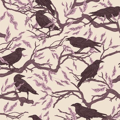 Ghostly and Haunted from Art Gallery Fabrics - 1/2 Yard Ravens Twilight - Ravens in Trees - Soft Purple Tone in Leaves - Halloween