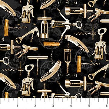 You Had Me at Wine from Northcott Fabrics - 1/2 Yard Wine Openers on Black with Wine Labels in Background