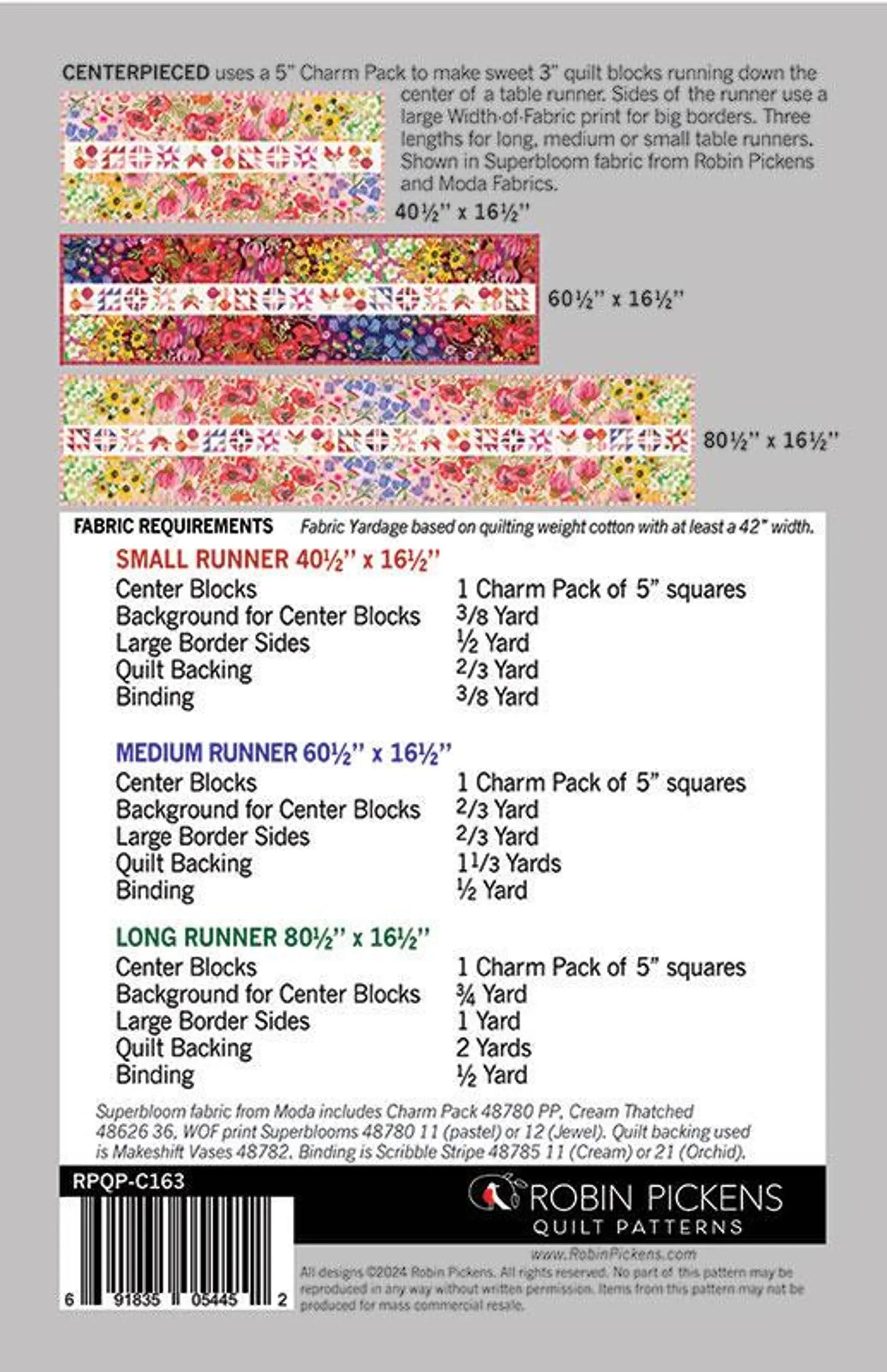 Centerpieced from Robin Pickens - Quilt Pattern - Table Runner in Three Sizes