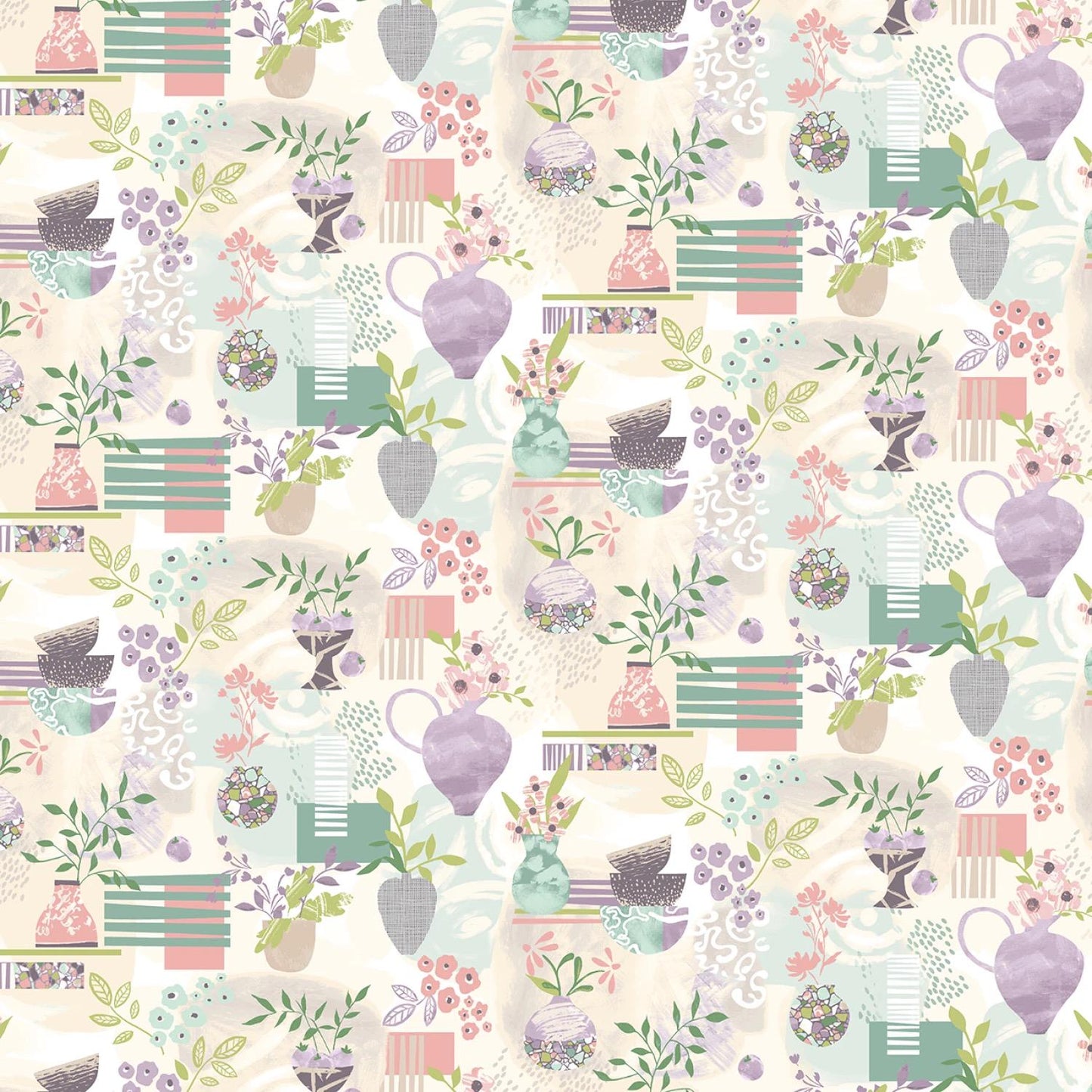 My Sunroom by Goldi L. Studio for Henry Glass - 1/2 Yard Modern Flowers, Plants, Vases on Soft White - 1896 05