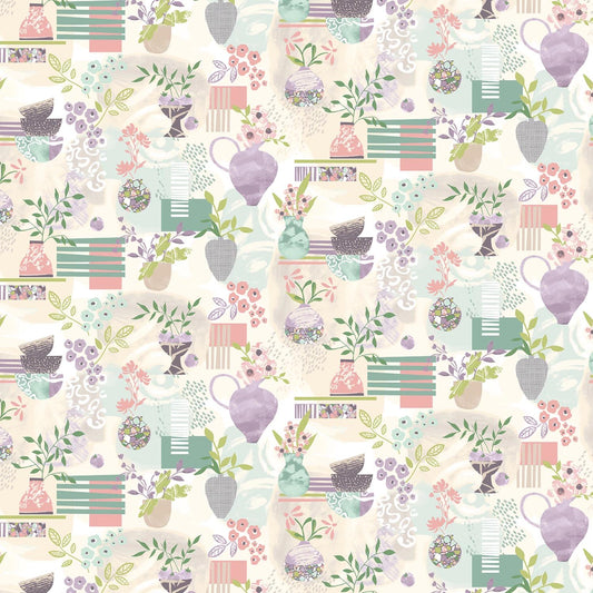 My Sunroom by Goldi L. Studio for Henry Glass - 1/2 Yard Modern Flowers, Plants, Vases on Soft White - 1896 05
