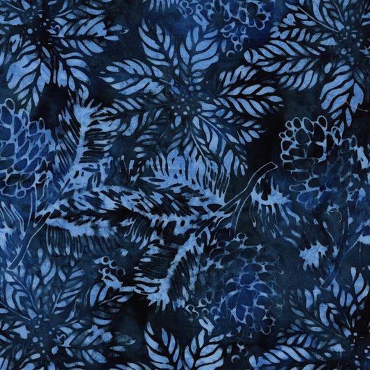 Frosted Wishes by Jerry Khiev from Lumen Fabrics and Island Batik - 1/2 Yard Poinsettias and Pinecones - Navy Blue