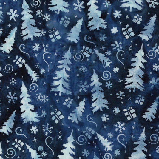 Frosted Wishes by Jerry Khiev from Lumen Fabrics and Island Batik - 1/2 Yard Trees and Presents - Denim Blue