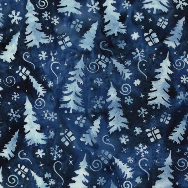 Frosted Wishes by Jerry Khiev from Lumen Fabrics and Island Batik - 1/2 Yard Trees and Presents - Denim Blue